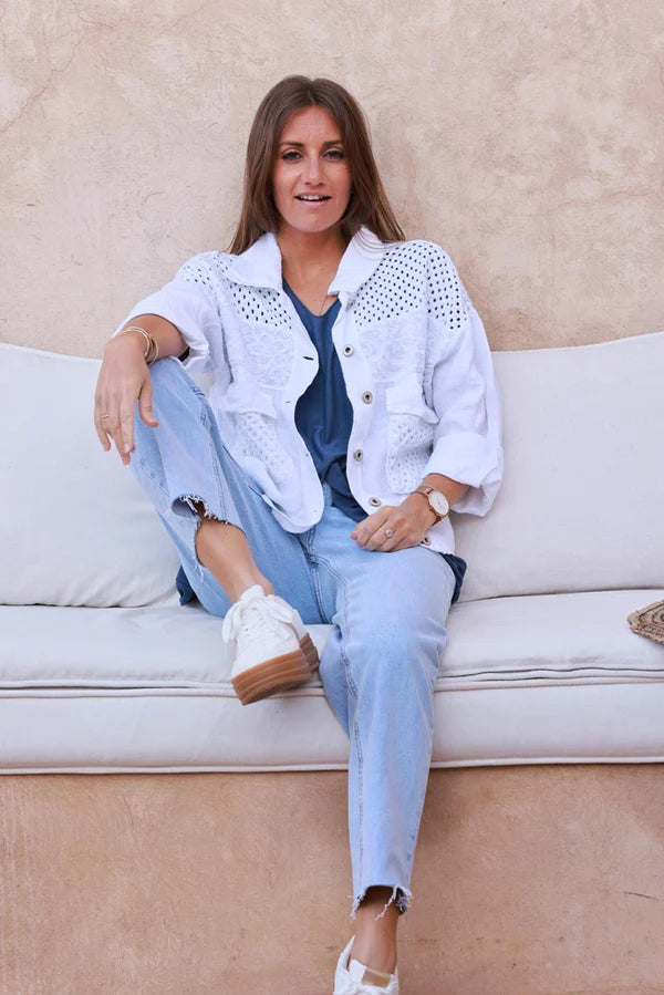 White Embroidered Crochet Linen Jean Jacket