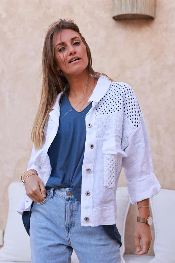 White Embroidered Crochet Linen Jean Jacket