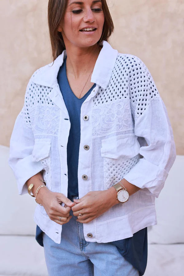 White Embroidered Crochet Linen Jean Jacket
