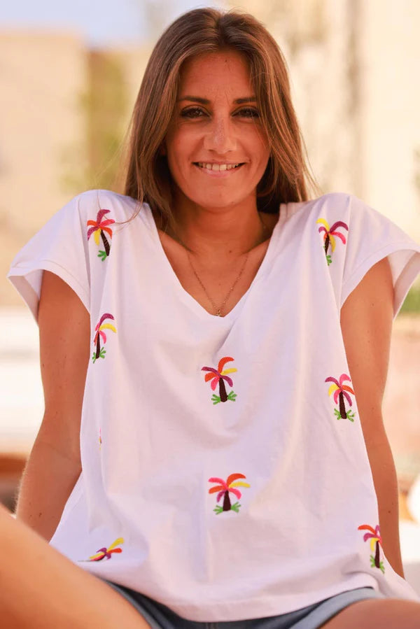 White Embroidered Palms Cap-Sleeve Cotton Tee