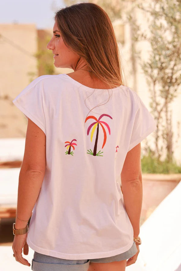 White Embroidered Palms Cap-Sleeve Cotton Tee