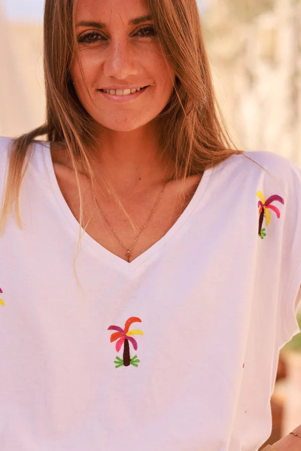 White Embroidered Palms Cap-Sleeve Cotton Tee