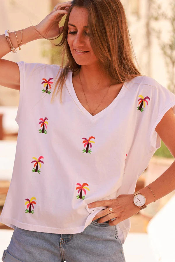 White Embroidered Palms Cap-Sleeve Cotton Tee