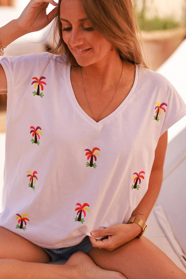 White Embroidered Palms Cap-Sleeve Cotton Tee
