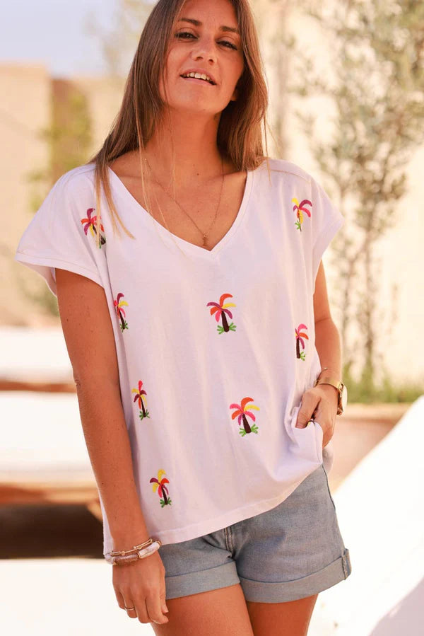 White Embroidered Palms Cap-Sleeve Cotton Tee