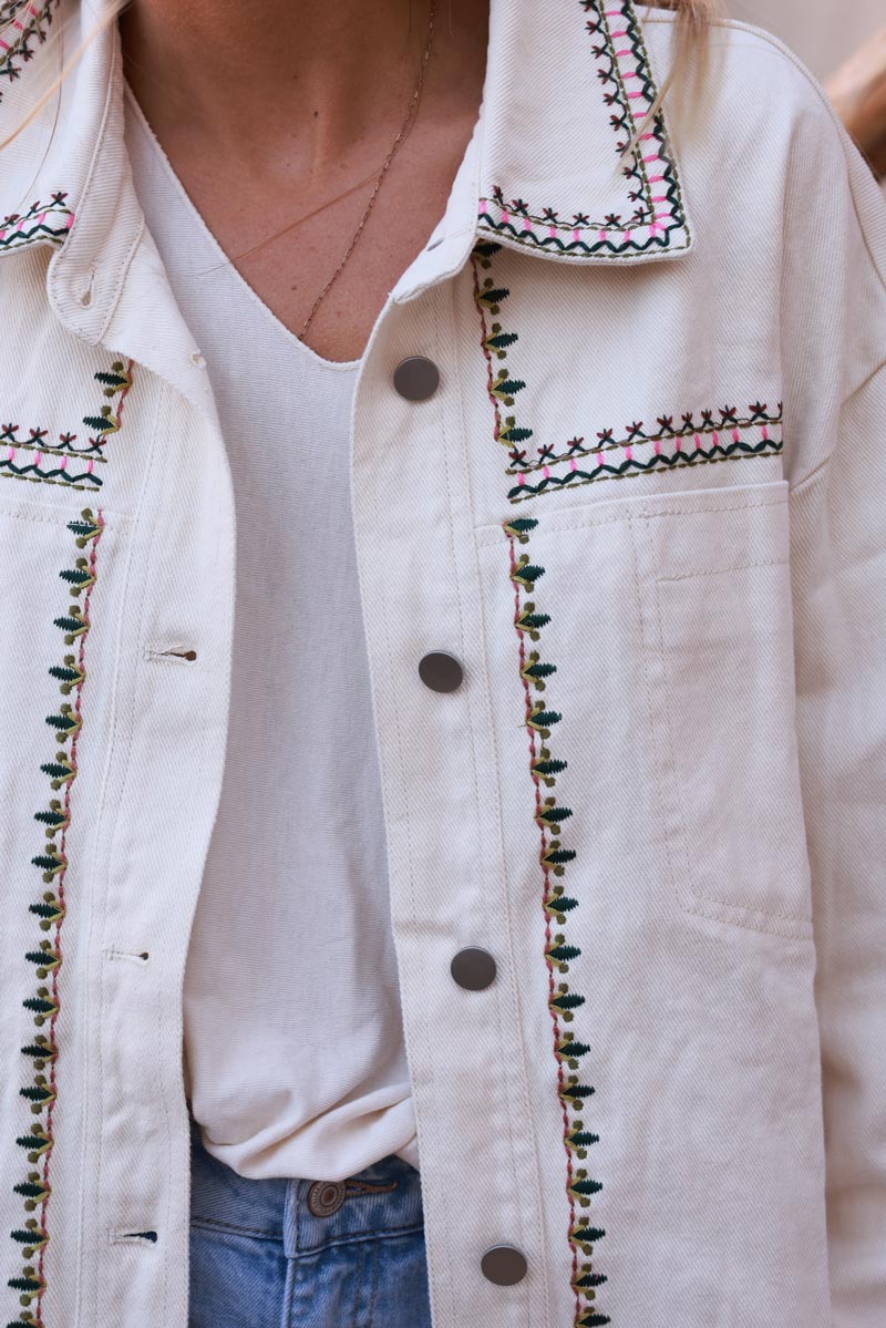 White Embroidered Vine Jean Jacket
