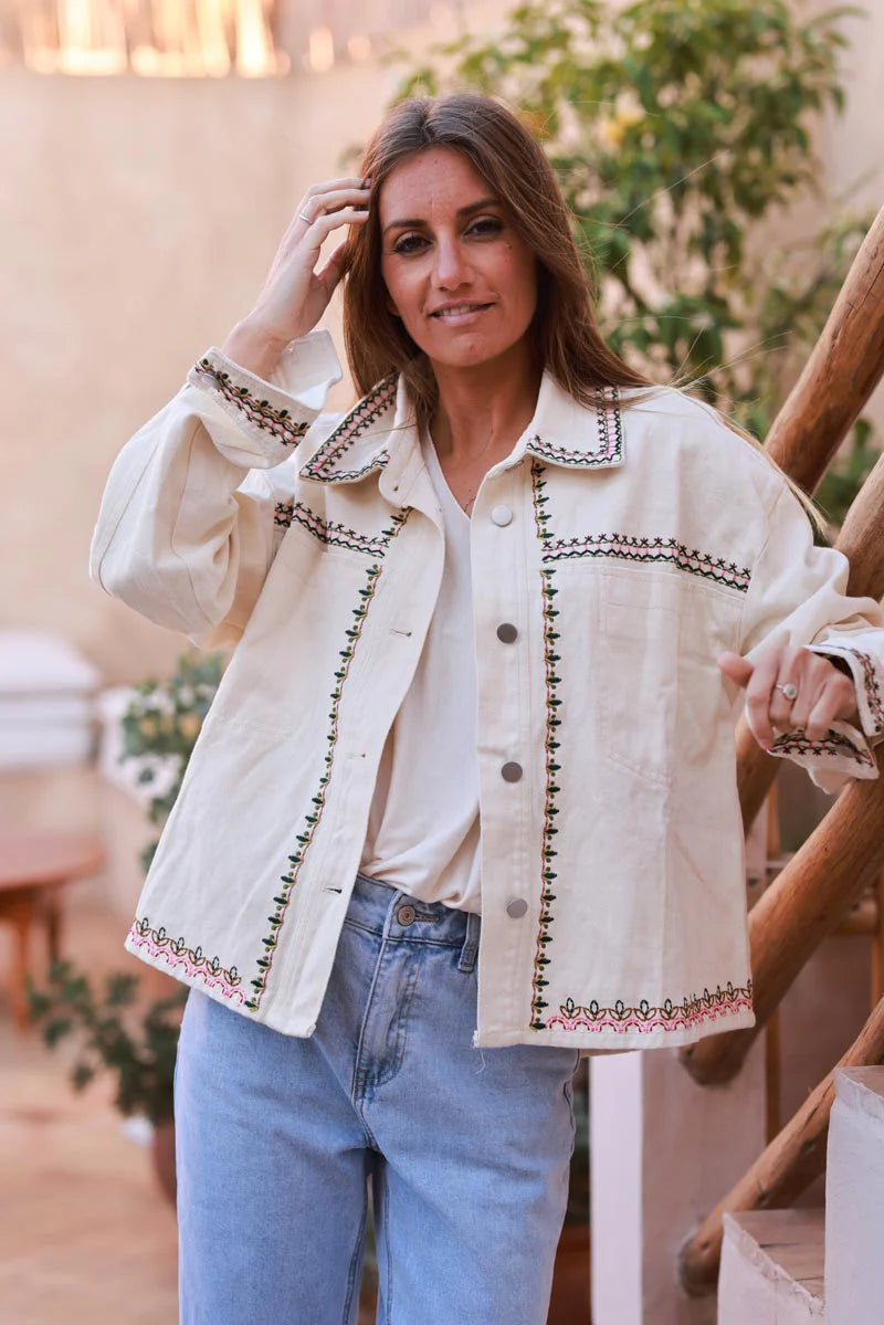 White Embroidered Vine Jean Jacket
