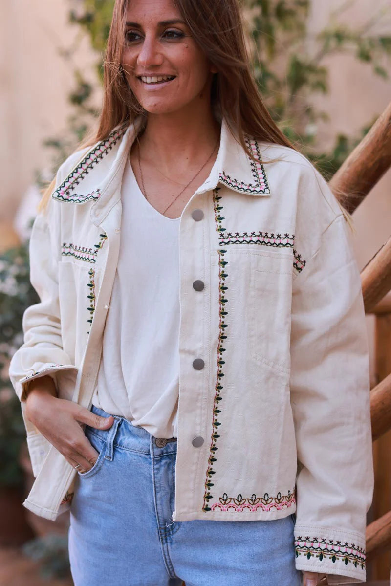 White Embroidered Vine Jean Jacket