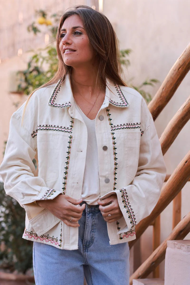 White Embroidered Vine Jean Jacket