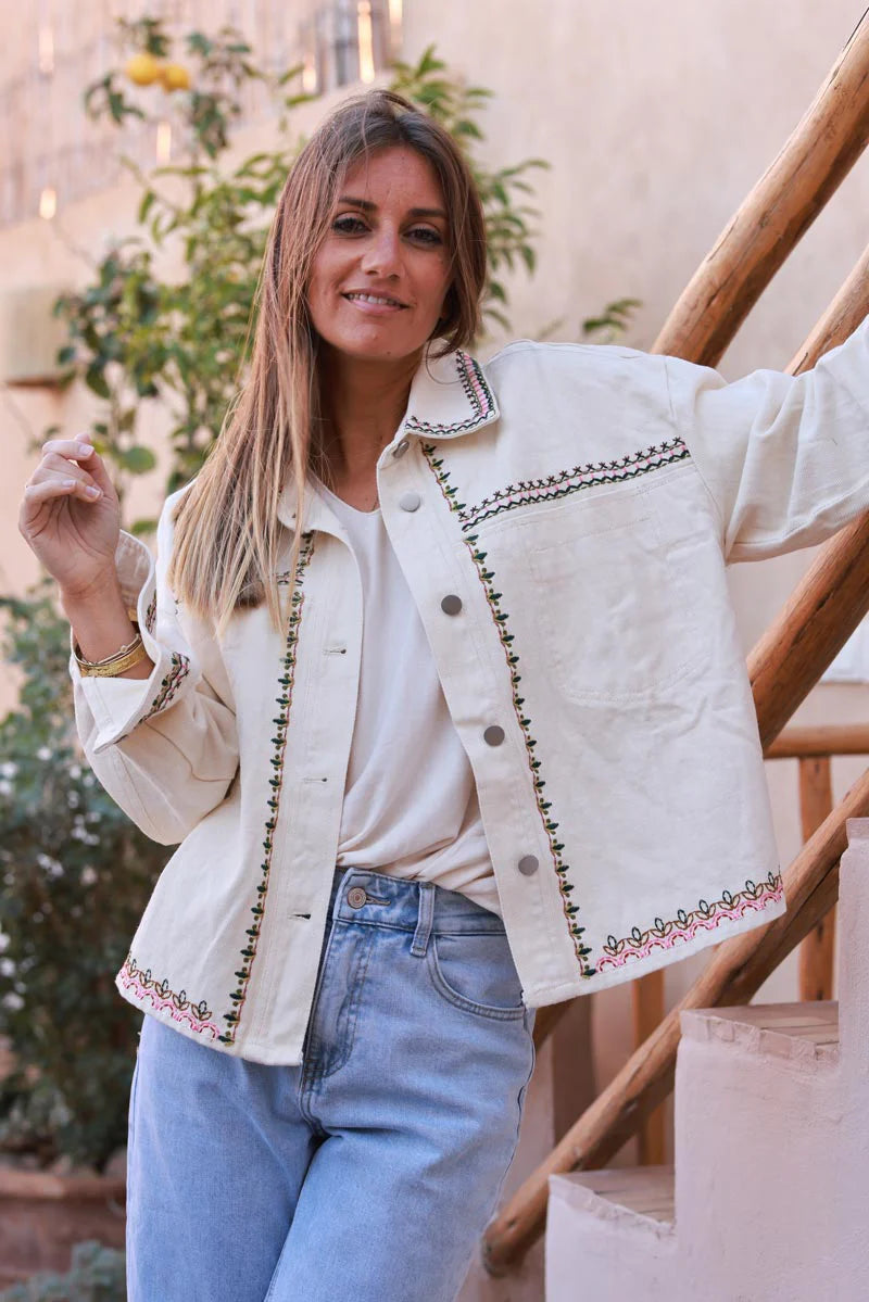White Embroidered Vine Jean Jacket