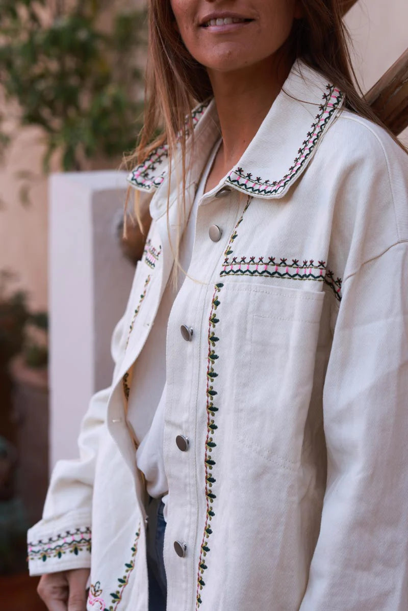 White Embroidered Vine Jean Jacket