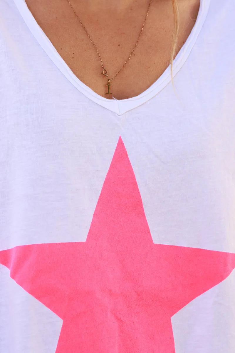 White Etoile Flash Pink Star V-Neck Tee