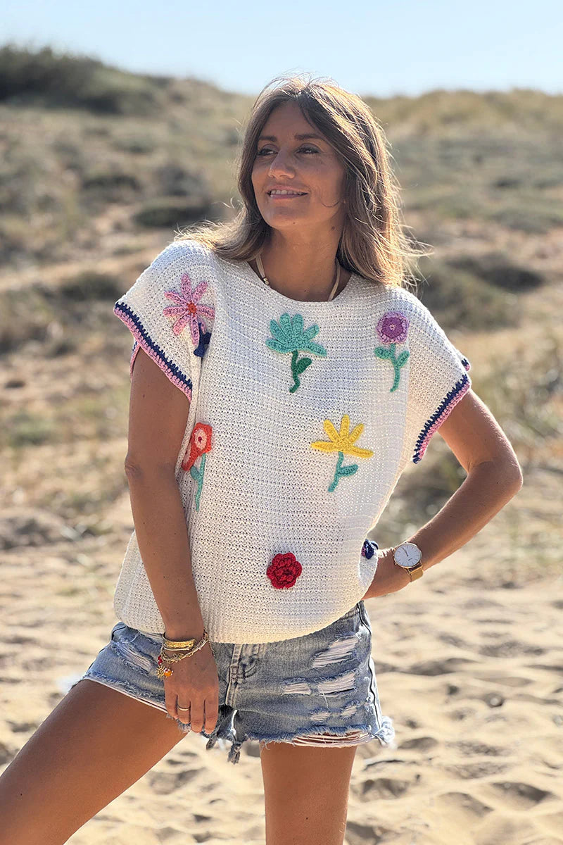 White Floral Crochet Knit Top
