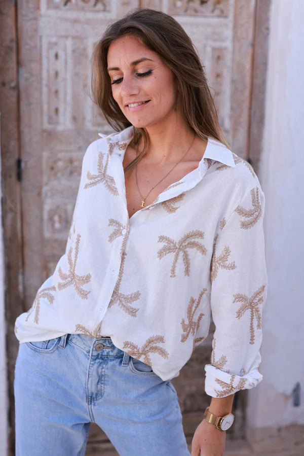 White Gauze Embroidered Palms Button-Down Blouse