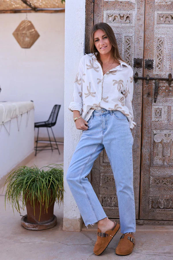White Gauze Embroidered Palms Button-Down Blouse
