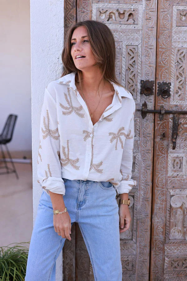 White Gauze Embroidered Palms Button-Down Blouse