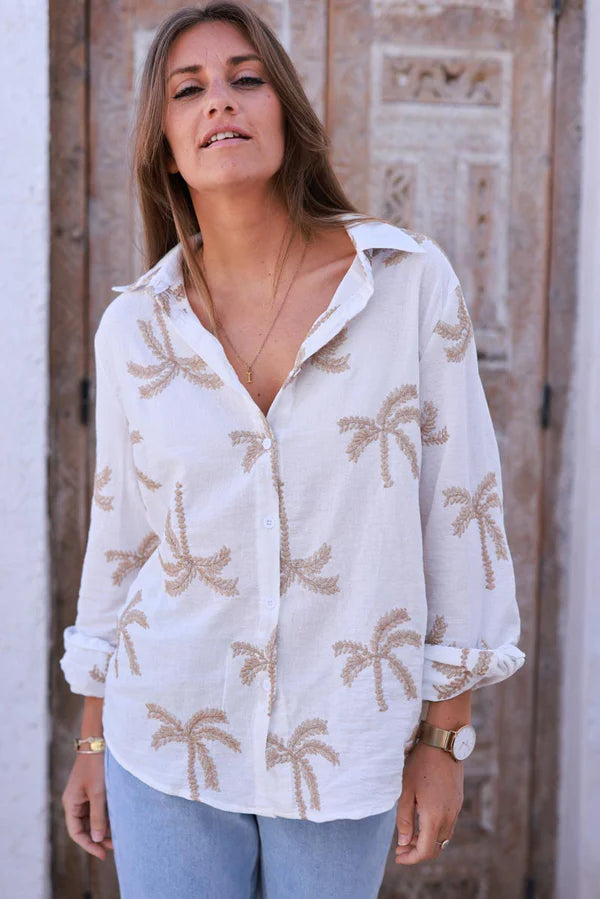 White Gauze Embroidered Palms Button-Down Blouse