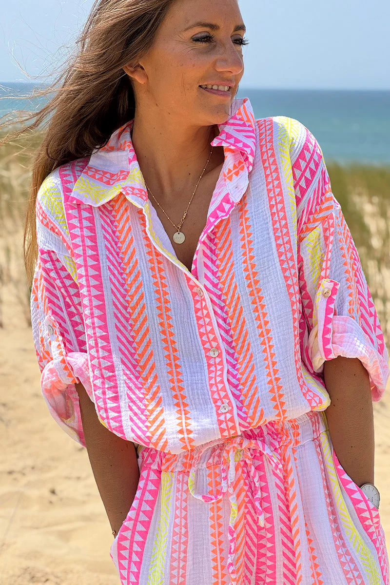 White Gauze Neon Stripe Button-Down Blouse