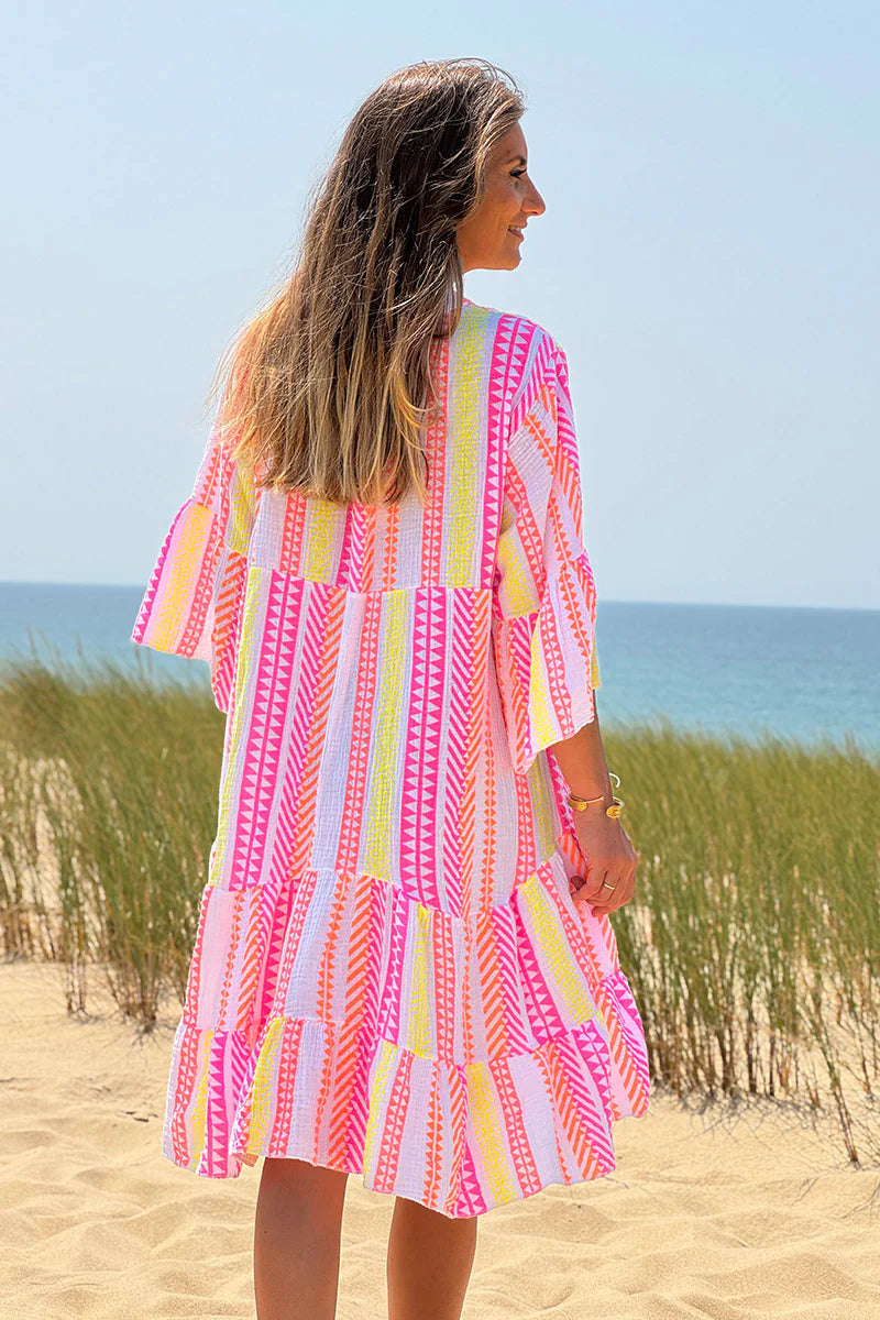 White Gauze Neon Stripe Tunic Dress