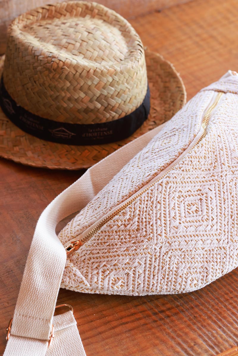 Cream Gold Woven Half Moon Crossbody Bag