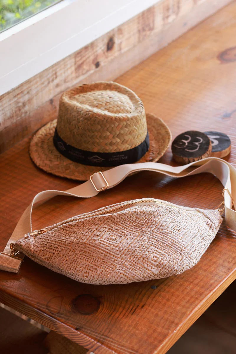 Cream Gold Woven Half Moon Crossbody Bag