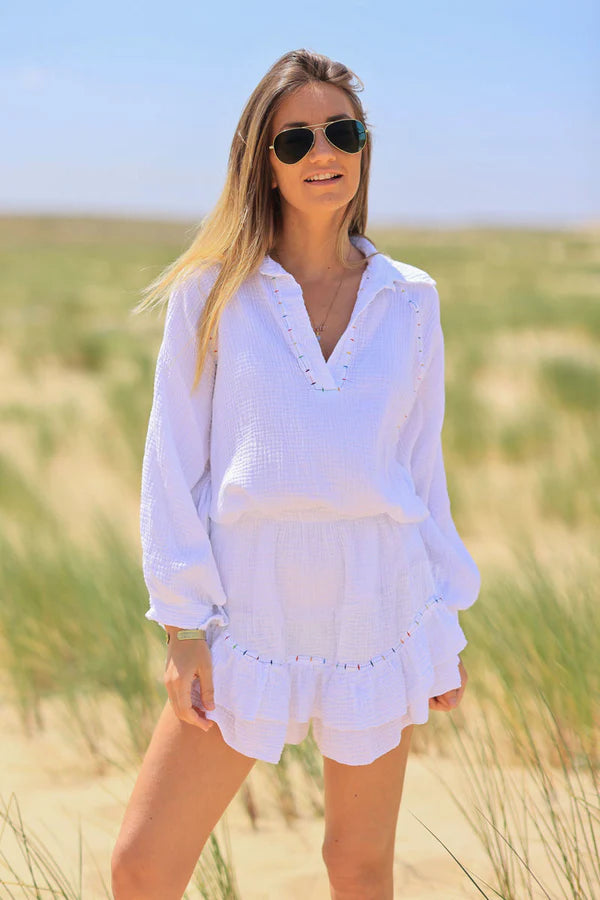 White layered frill cotton skort with colored threads