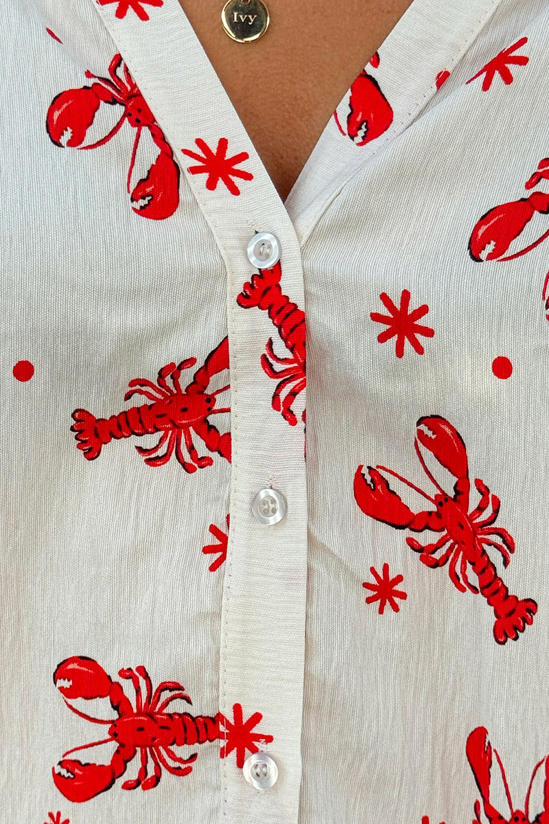 White Lobster Print Button-Down Blouse