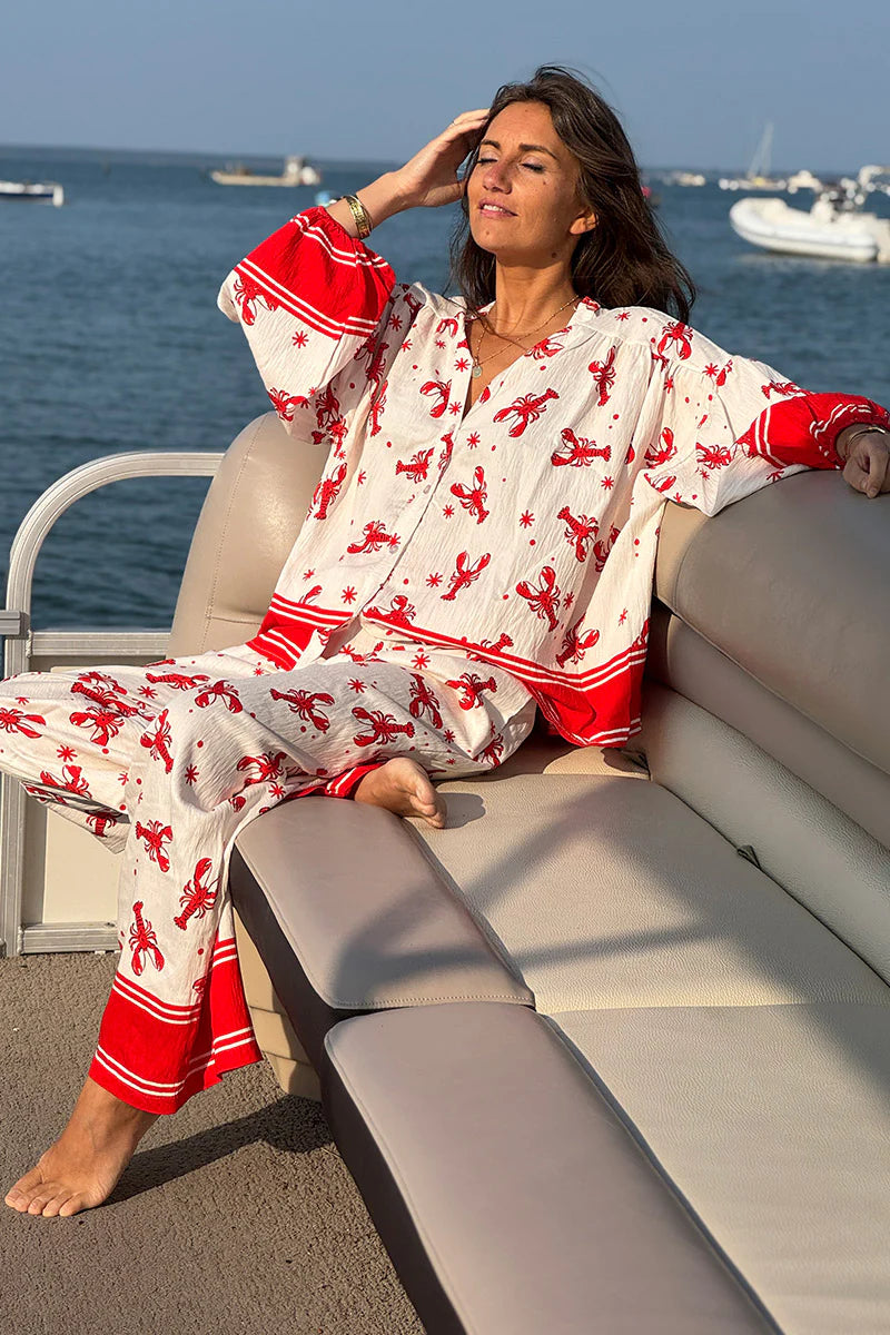 White Lobster Print Button-Down Blouse