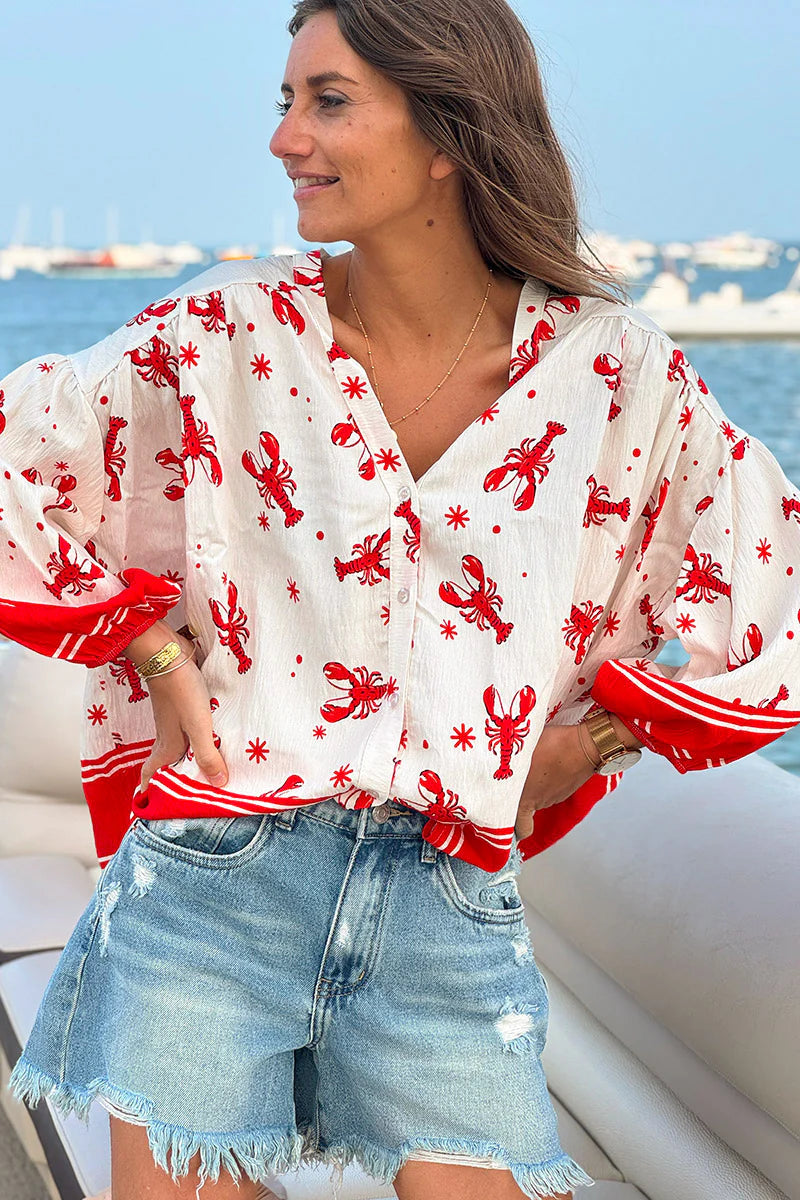White Lobster Print Button-Down Blouse
