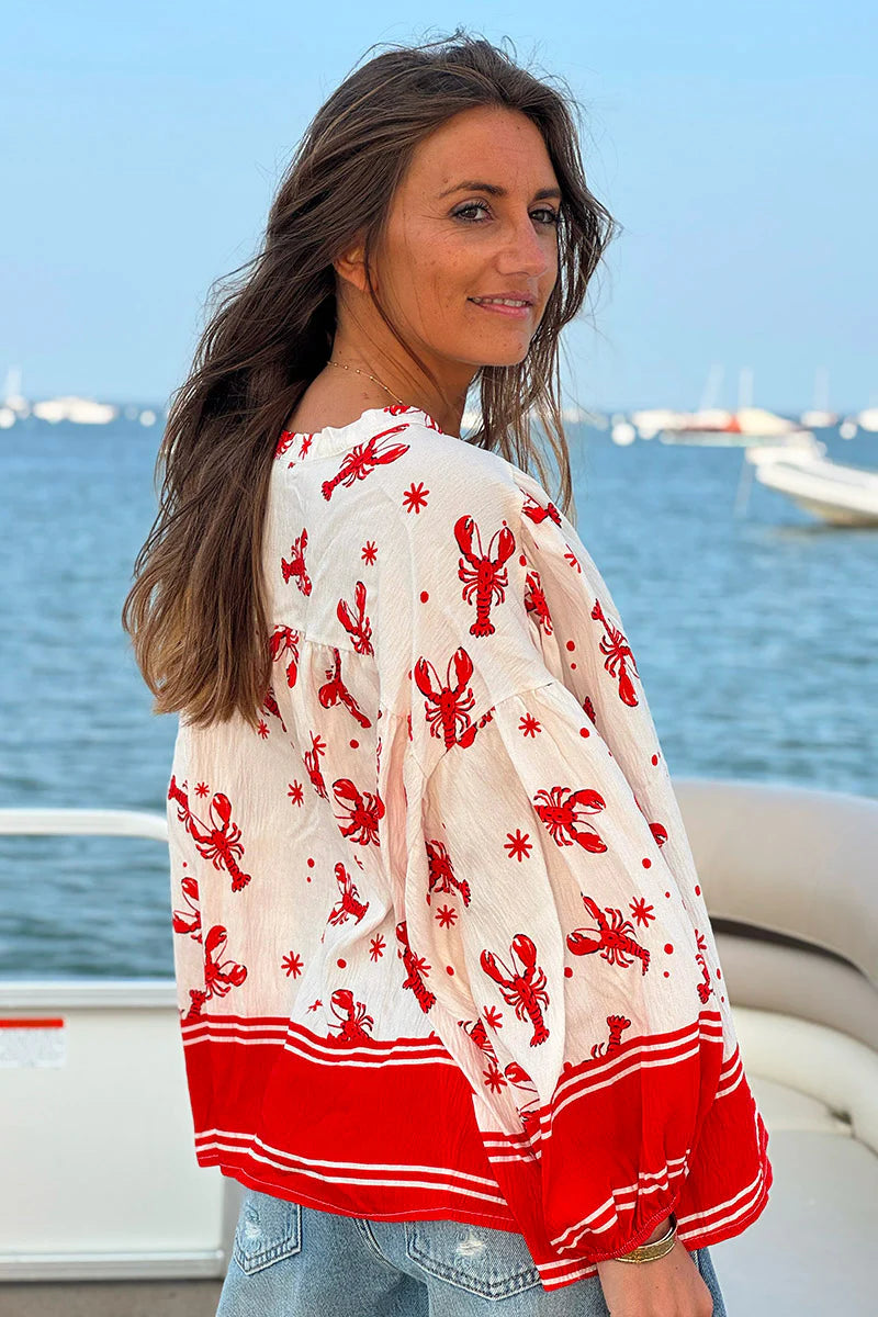 White Lobster Print Button-Down Blouse