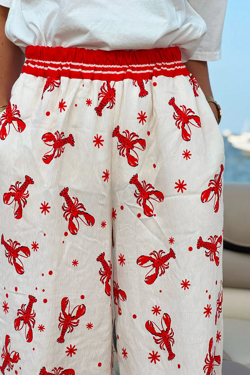 White Lobster Print Pull-On Pants