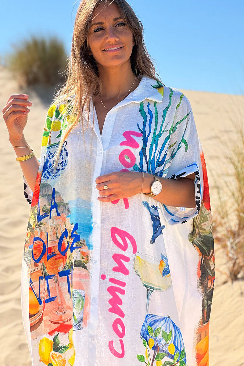 White Mediterranean Summer Poplin Shirt Dress