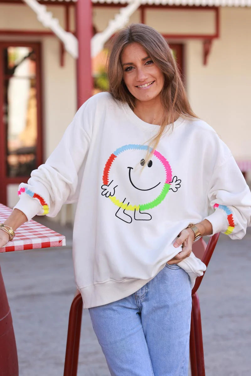 White Rainbow Smile Jersey Knit Sweater