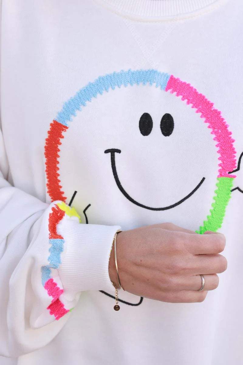 White Rainbow Smile Jersey Knit Sweater