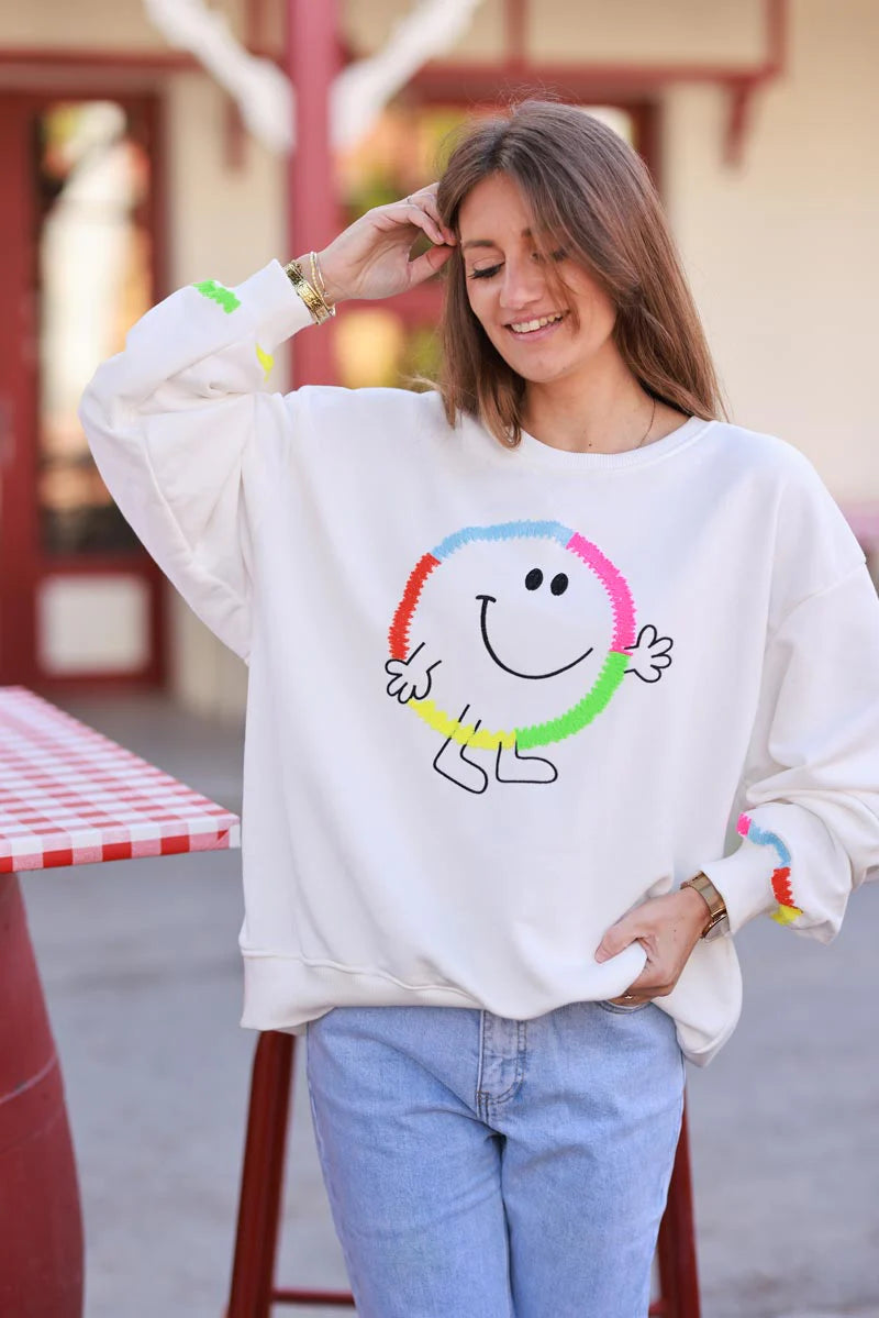 White Rainbow Smile Jersey Knit Sweater