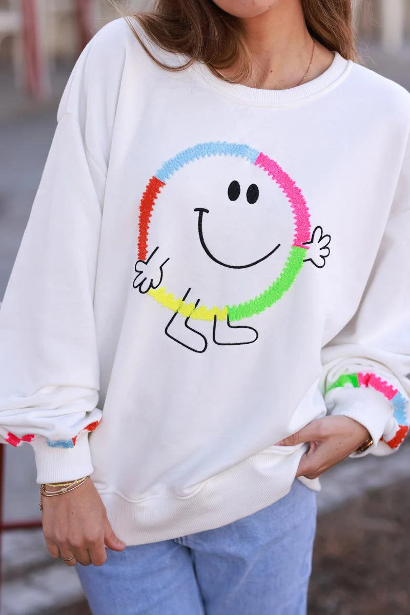 White Rainbow Smile Jersey Knit Sweater