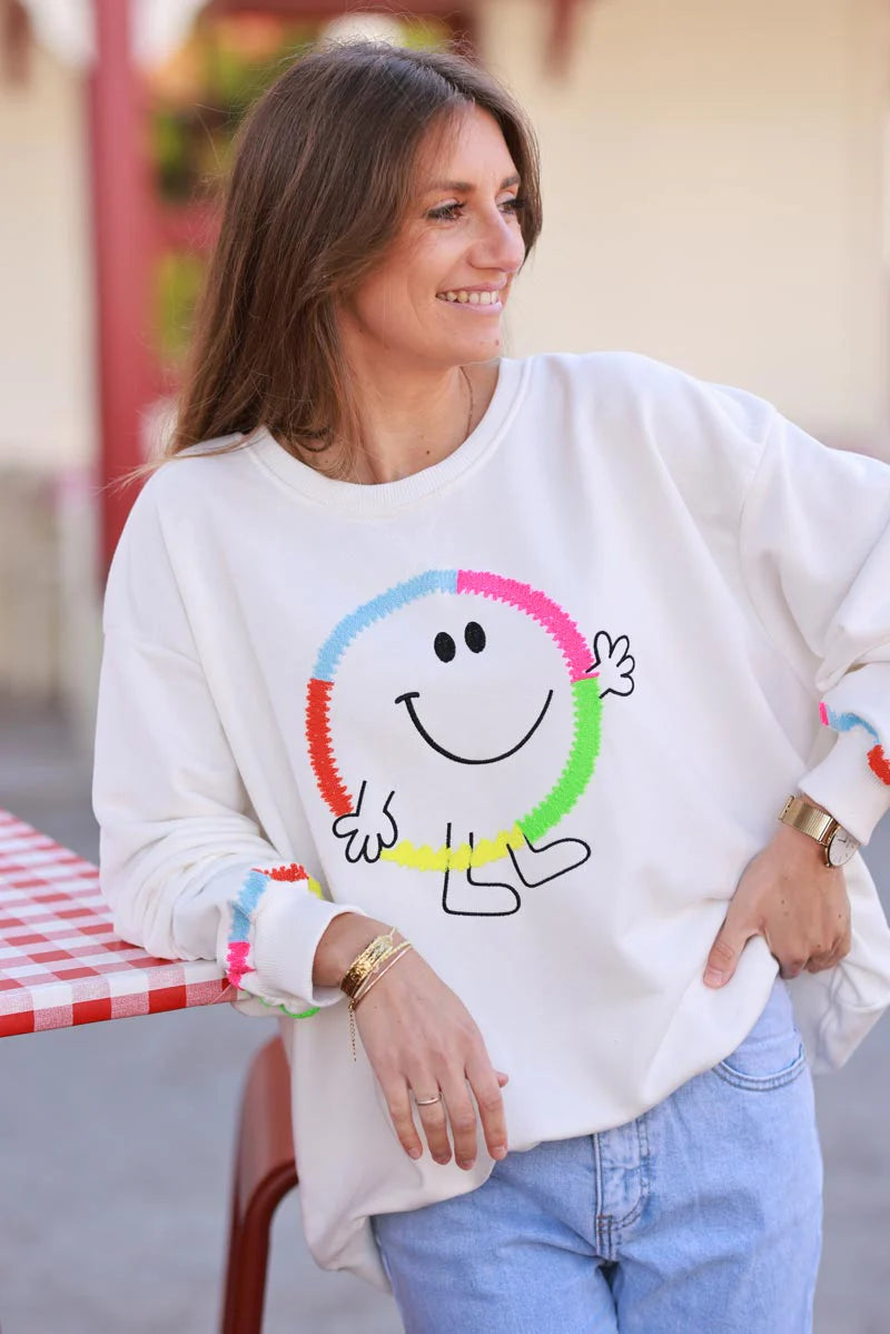 White Rainbow Smile Jersey Knit Sweater