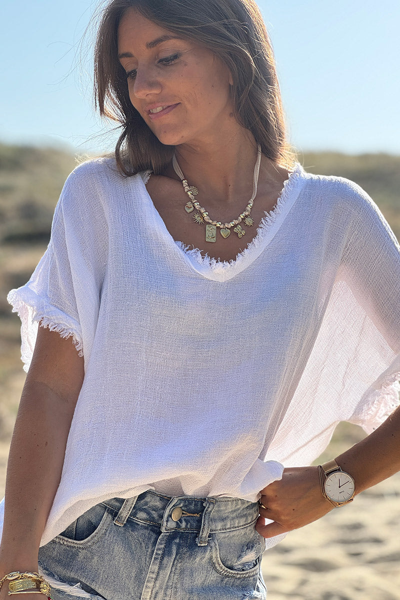 White Raw Edge Linen Shirt