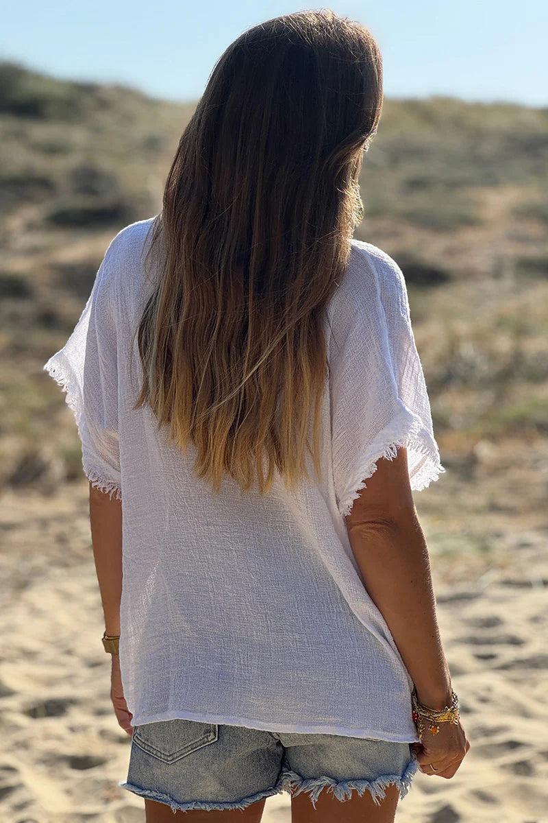 White Raw Edge Linen Shirt