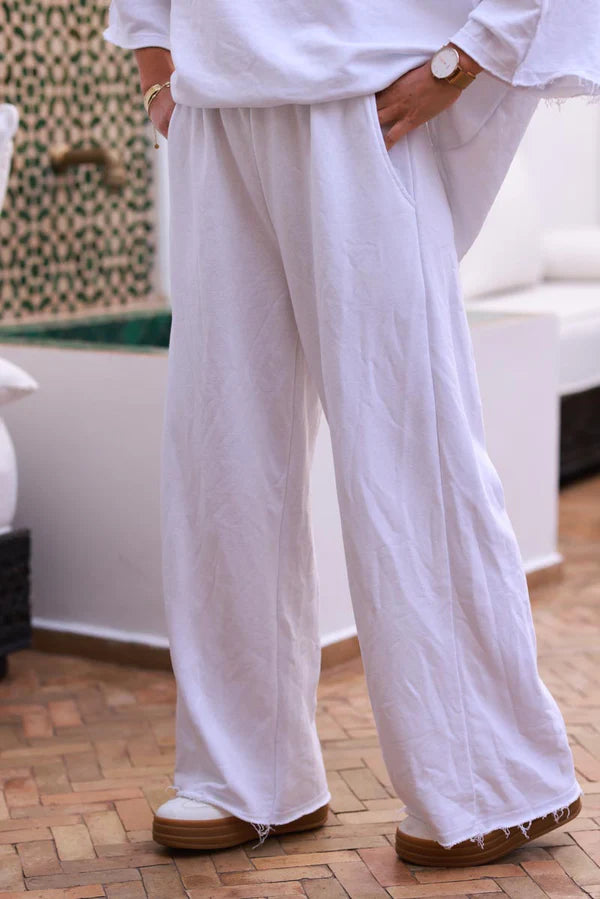 White Raw Hem Casual Jersey Pants