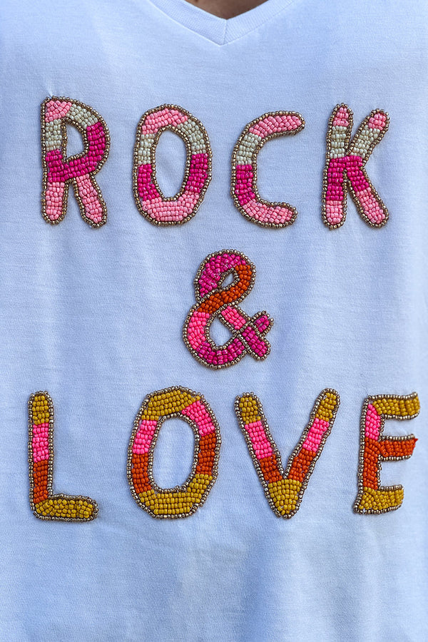 White Rock & Love Beaded Cotton V-Neck Tee