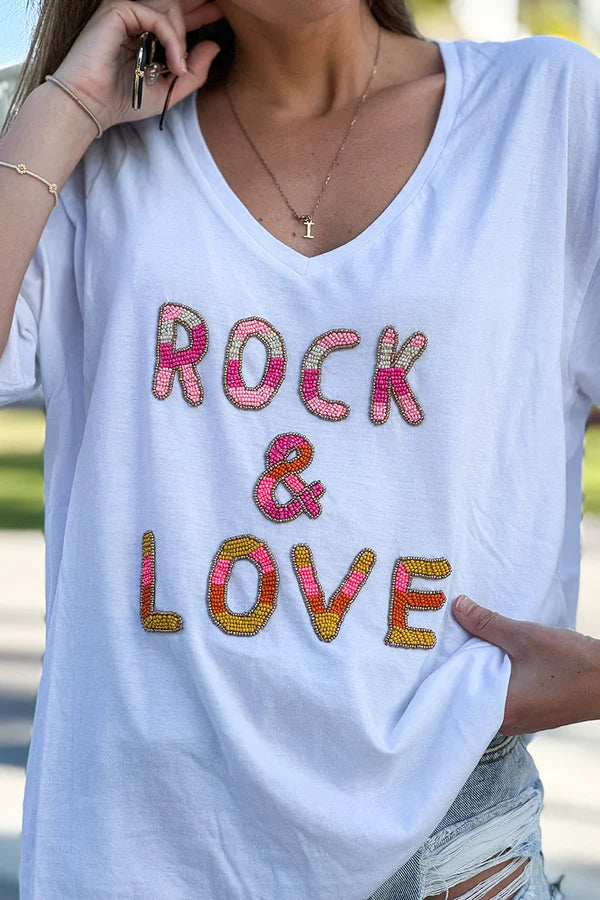 White Rock & Love Beaded Cotton V-Neck Tee