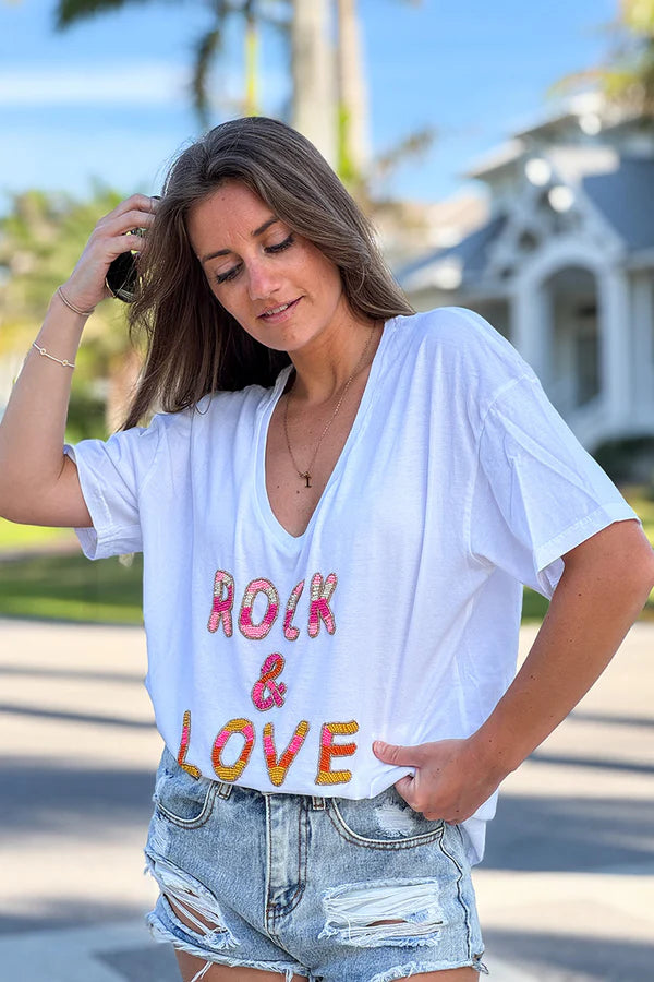 White Rock & Love Beaded Cotton V-Neck Tee