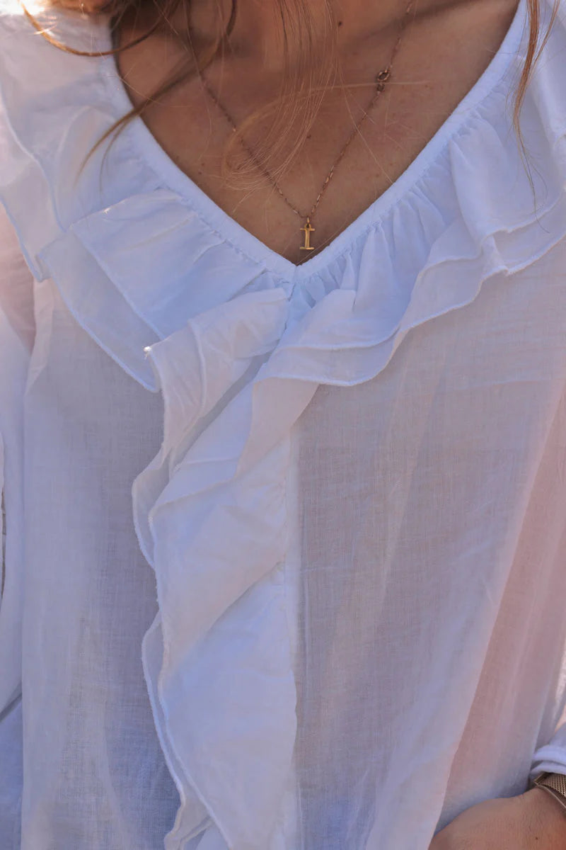 White Ruffled V-Neck Long-Sleeve Blouse