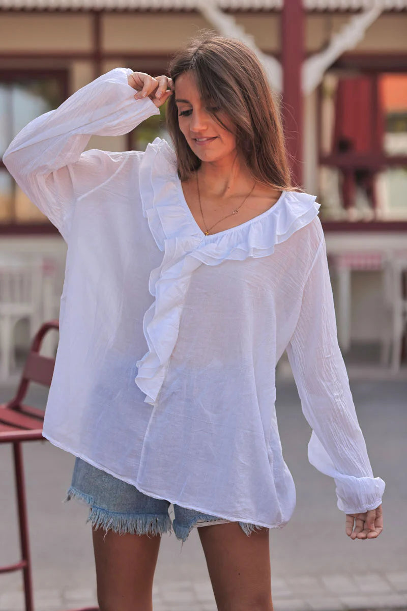 White Ruffled V-Neck Long-Sleeve Blouse