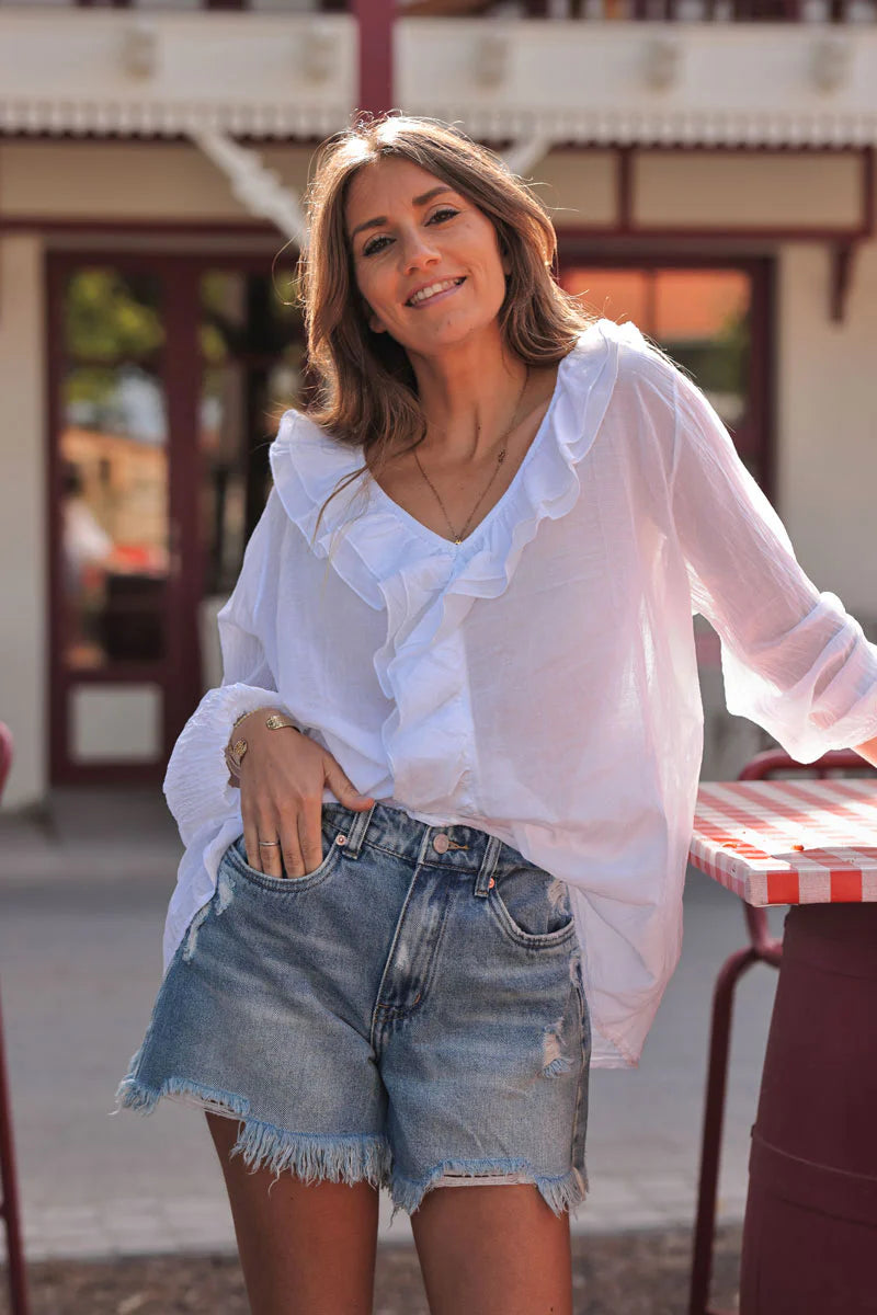 White Ruffled V-Neck Long-Sleeve Blouse