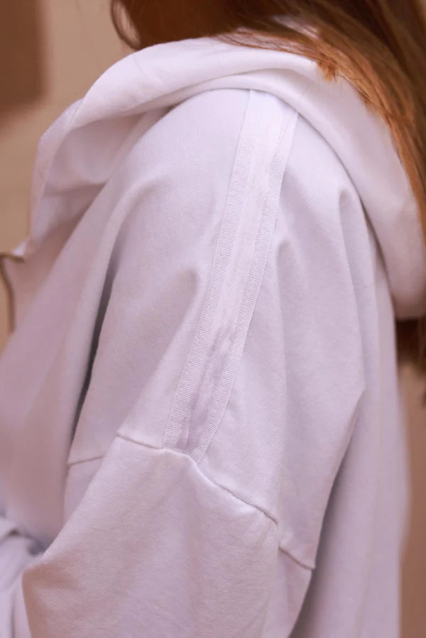 White Satin Stripe Stretch Knit Zip Hoodie