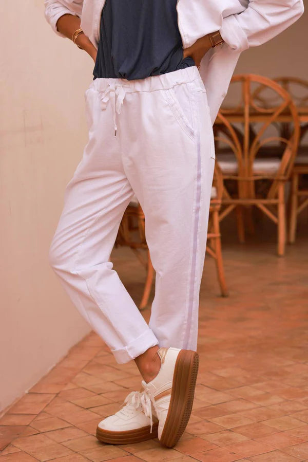 White Satin Trim Ponte Knit Pull-On Pants