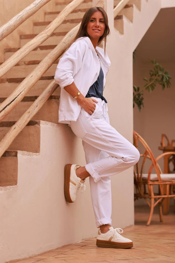 White Satin Trim Ponte Knit Pull-On Pants