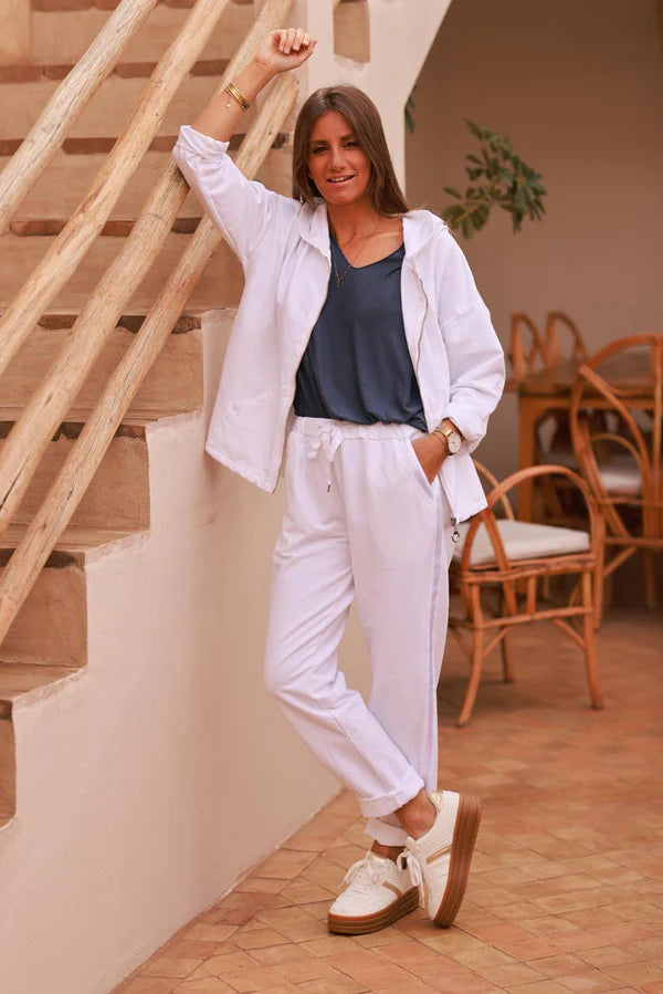 White Satin Trim Ponte Knit Pull-On Pants